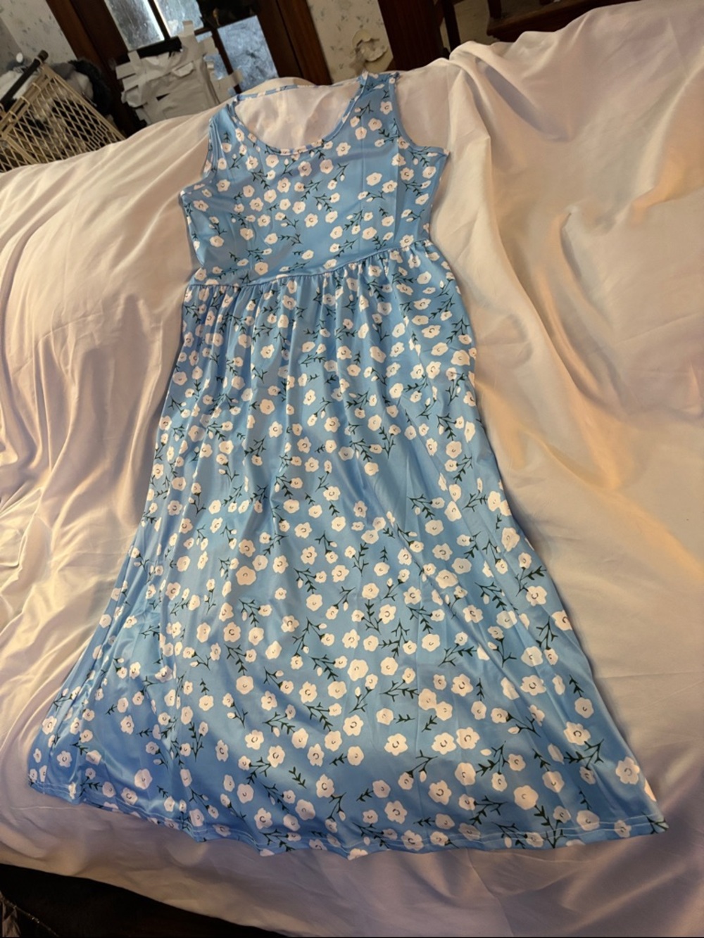 Sky Blue Floral Midi Dress with Fitted Waist